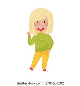 Cheerful Girl Character with Blonde Hair Greeting Waving Hand and Saying Hi Vector Illustration