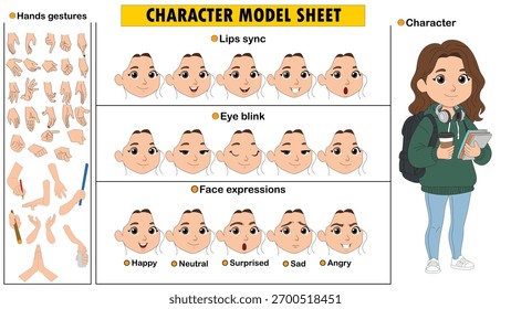 Kit de Constructor de Personajes de Chica Alegre. Hoja de modelo de niña femenina editable con emociones y poses.