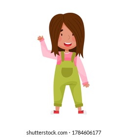 Cheerful Girl Character with Dark Hair Greeting Waving Hand and Saying Hi Vector Illustration