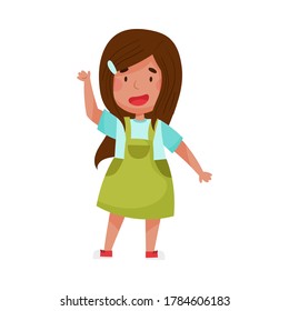 Cheerful Girl Character with Dark Hair Greeting Waving Hand and Saying Hi Vector Illustration