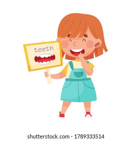 Cheerful Girl Character Holding Flashcard with Teeth Image Vector Illustration