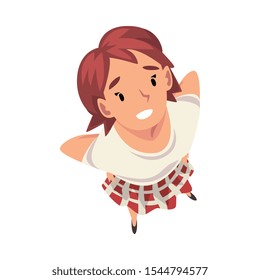 Cheerful Girl Character Looking Up, View from Above Vector Illustration