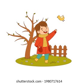 Cheerful Girl in Coat and Rubber Boots Enjoying Spring Season Watching Bird Fluttering Around Vector Illustration