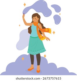 Ein fröhliches Mädchen, das in Zauberwolken tanzt.