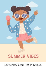 A cheerful girl with dark skin and hair in buns, wearing sunglasses, a floral jacket, and a pink skirt, holds an ice cream cone and waves. The illustration captures "Summer Vibes" 