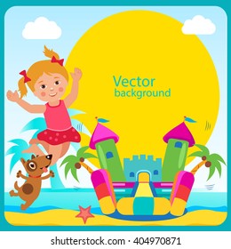 Cheerful Girl And Dog Jump in Bouncy Castle. Summertime Template With Space For Text. Active Holidays Vector Concept Banner. Vector Summer Design.