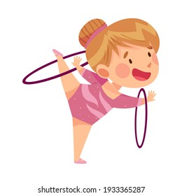 Cheerful Girl Doing Artistic Gymnastics with Hula Hoop Vector Illustration