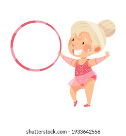 Cheerful Girl Doing Artistic Gymnastics with Hula Hoop Vector Illustration