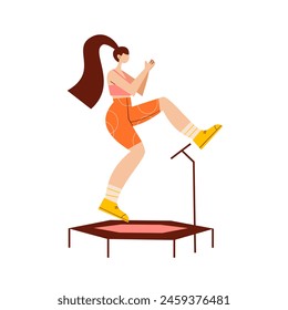 Cheerful girl doing jumping fitness. Bright vector illustration in flat style.