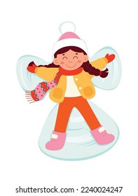 Cheerful girl doing snow angel flat icon Outdoor activity