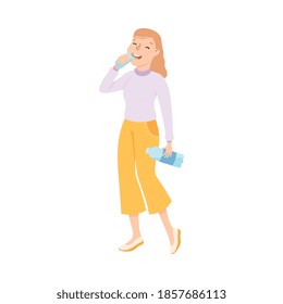 Cheerful Girl Drinking Water from Glass, Persin Quenching Thirst Cartoon Style Vector Illustration