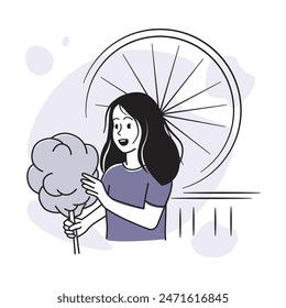 Chica alegre come algodón de azúcar en un parque de diversiones. Ilustración vectorial de ocio familiar y animación infantil