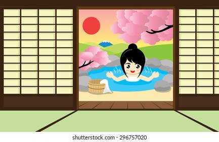 Cheerful girl enjoy Japanese Hot Springs and views of Mount Fuji. Vector illustration.