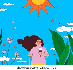 A cheerful girl enjoys ice cream, her hair flowing in the breeze. Vibrant sky-blue background with pink flowers, fluttering butterflies, green leaves, and fluffy clouds frame the sunny scene.