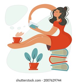 A cheerful girl enthusiastically reads a book, energetically leafing through the pages. Comfortable learning over a cup of coffee. Vector composition for the beginning of the school year, for book day