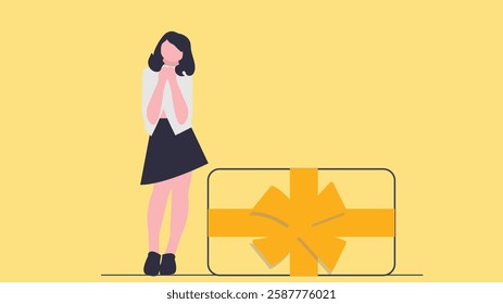 A cheerful girl excitedly receives a gift box, holding it with joy in a simple and vibrant flat design illustration