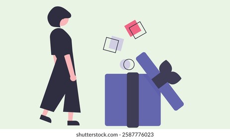 A cheerful girl excitedly receives a gift box, holding it with joy in a simple and vibrant flat design illustration