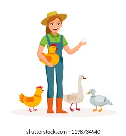 Cheerful girl farmer is holding an egg and cute hen in hands cartoon characters in flat design isolated on white background. Chicken, duck, goose Farm eggs vector illustration. Poultry farming concept