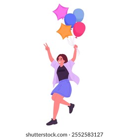 Cheerful girl floating with balloons. Jumping female character with helium balloons in hands flat vector illustration. Cartoon happy woman with colorful balloons