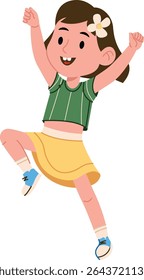 A cheerful girl with a flower in her hair jumps energetically in a playful pose. The young child wears a striped top and skirt, expressing happiness and excitement. Cartoon vector illustration.