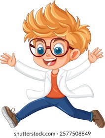 Cheerful girl with glasses and blonde hair jumping