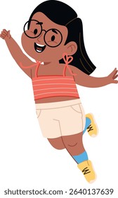 A cheerful girl with glasses jumps energetically in a playful cartoon style. A joyful child wearing a striped top and shorts leaps with excitement. Cartoon vector illustration.