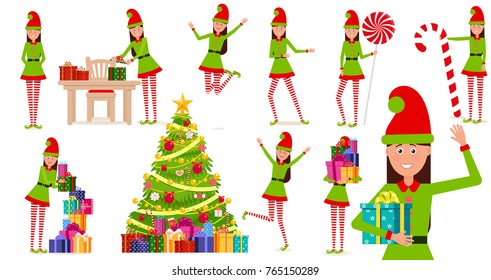 A cheerful girl in a gnome costume. A cartoon character in various poses.Set of vector, isolated objects.