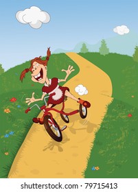 The cheerful girl goes for a drive on a bicycle.  Cartoon. Comic book