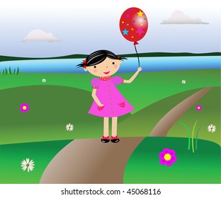 The cheerful girl goes on a path on a field