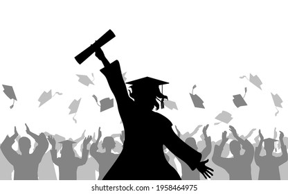 Cheerful girl graduates with diploma on background of joyful crowd of people throwing mortarboards or academic caps, silhouette. Vector illustration