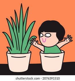 Cheerful Girl In Green Dress is Imitating Her Plant. Plants Are Human Best Friend Concept Card Character illustration