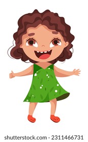 A cheerful girl in a green dress and red shoes rejoices at something. Opened hand, meets someone, runs to hug someone