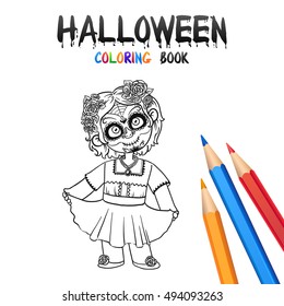 Cheerful Girl in Halloween Costume Dead Girl Skull. Halloween Coloring Book. Santa Muerte concept. Illustration for children vector cartoon character isolated on white background.