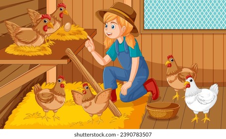 A cheerful girl happily gathers eggs inside a chicken house
