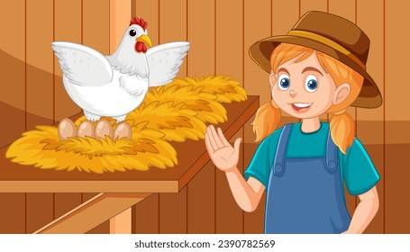 A cheerful girl happily picking eggs in a chicken house