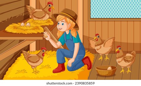 A cheerful girl happily picking eggs in a chicken house