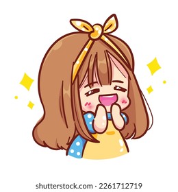 Cheerful girl is happy funny positive children smile cartoon character hand draw art illustration