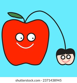 A Cheerful Girl And A Happy Red Apple Is Smiling To Eachother. Healthy Friendships Concept Card Character illustration