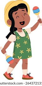 Uma menina alegre em um chapéu alegremente sacode maracas, retratado em um estilo de desenho animado divertido. Uma criança dança alegremente com instrumentos de percussão, vestindo um vestido floral. Ilustração de vetor de desenhos animados.