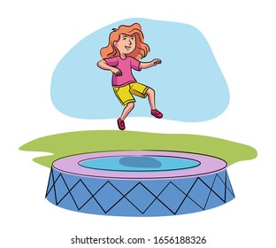 Cheerful girl having fun jumping high on trampoline. Happy children and childhood. Active rest and recreation outdoor in park. Amusement, joy and entertainment. Vector illustration