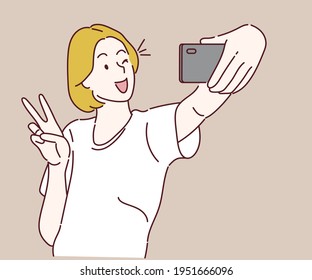 Cheerful girl having video-call with lover holding smart phone in hand shooting selfie on front camera. Hand drawn in thin line style, vector illustrations.