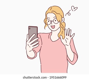 Cheerful girl having video-call with lover holding smart phone in hand shooting selfie on front camera. Hand drawn in thin line style, vector illustrations.