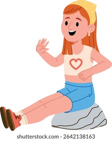Cheerful girl with a heart shirt and headband sits on a rock waving in a playful cartoon style. The young girl, wearing shorts and sneakers, gestures happily while seated. Cartoon vector illustration.