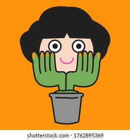 Cheerful Girl With Her Flower Hands In Flower Pot Concept Card Character illustration