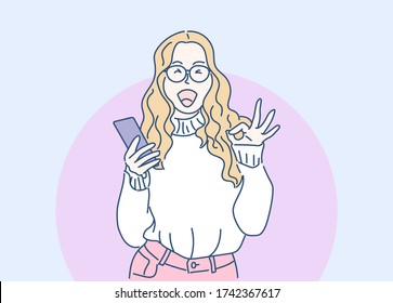 Cheerful girl Hold the smartphone and show the symbolic finger indicating OK. Hand drawn in thin line style, vector illustrations.