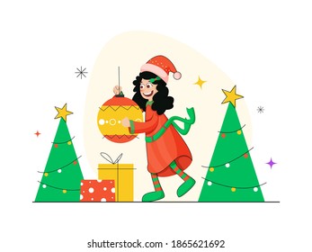 Cheerful Girl Holding Bauble With Xmas Trees And Gift Boxes On White Background.