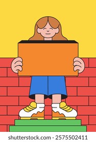 Cheerful girl holding a blank space sign ideal for promotional and marketing in cartoon hand drawn vector illustration