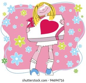 Cheerful girl holding a box with a gift on Valentine's Day
