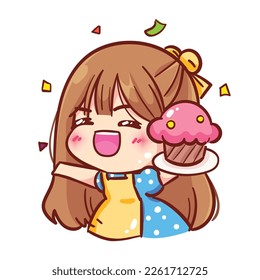 Cheerful Girl holding cupcake baker bakery cute chef sweet food cartoon hand draw art illustration