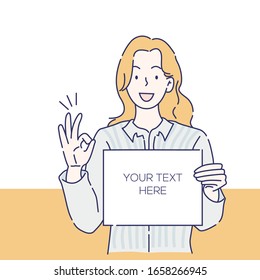 The cheerful girl was holding an empty banner and showing an OK sign. You can add more content in the space. Hand drawn thin line style, vector illustrations.